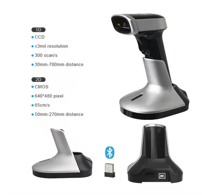 Scanner di codici a barre wireless Bluetooth per dispositivi mobili lettore di codici QR 2D con supporto di ricarica